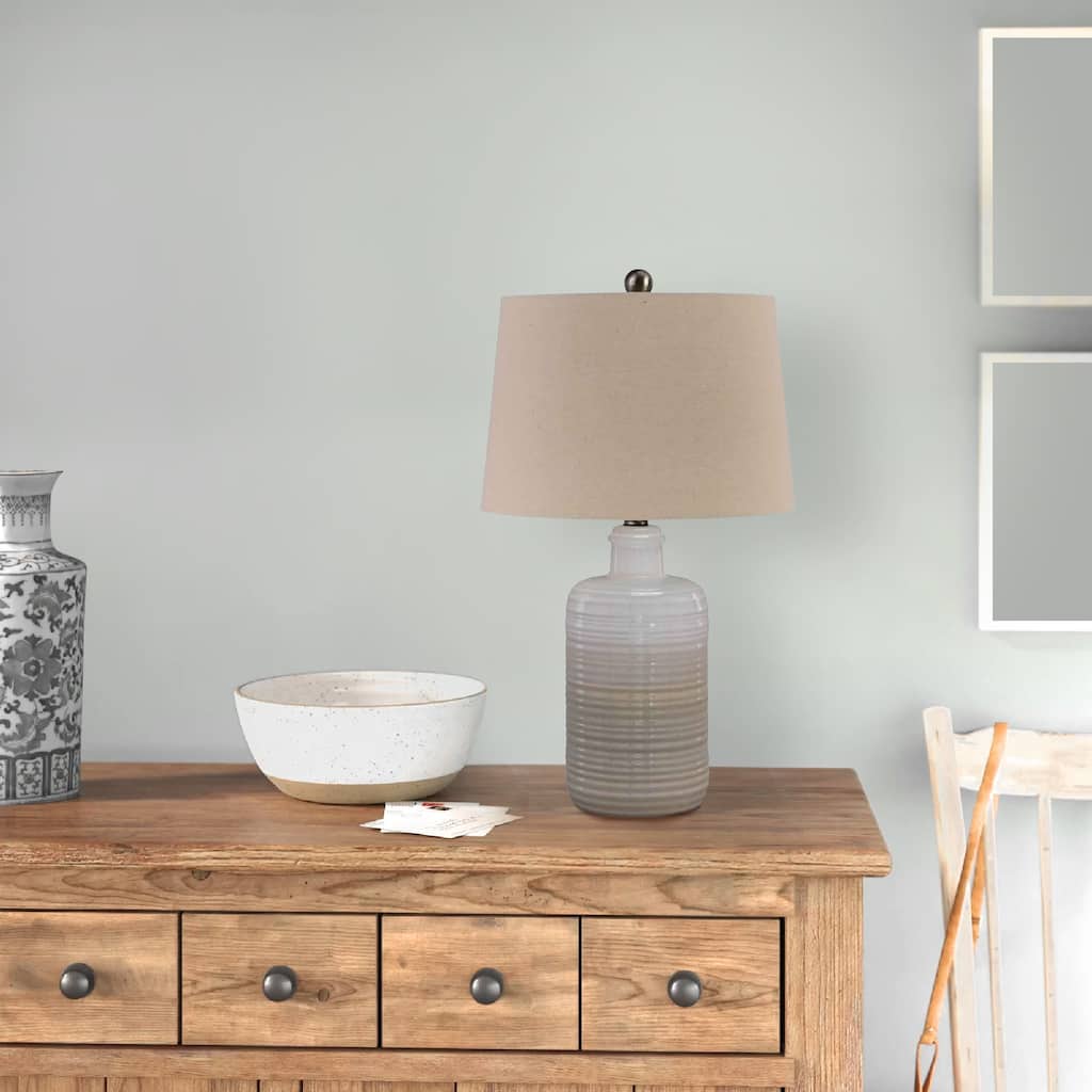 Ceramic Body Table Lamp with Brushed Details, Set of 2, Beige and White