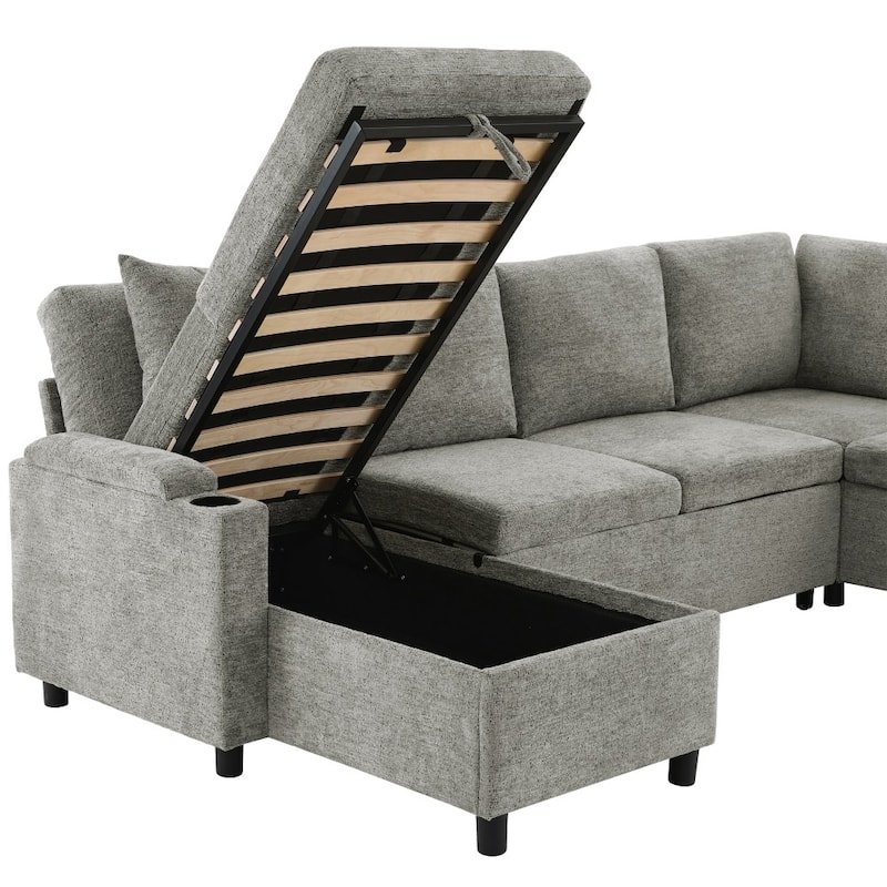 109.9" Modern U-shaped Sleeper Sectional Sofa with Two Cup Holders and Charging Ports