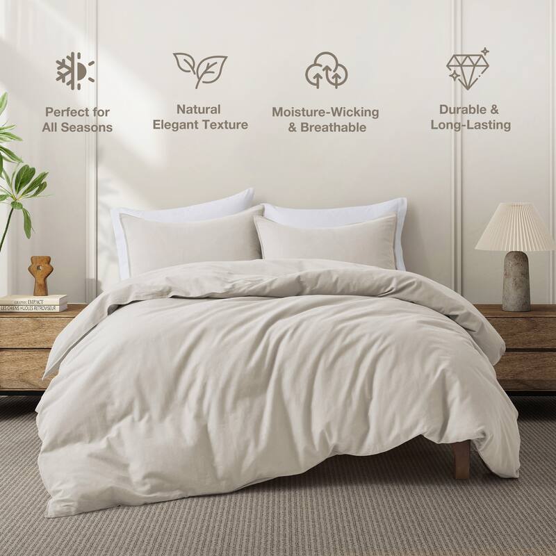 Flax Linen Cotton Blend Duvet Cover Set, Durable, Breathable and Moisture-Wicking, 3 Piece Bedding Set - Twin - Beige