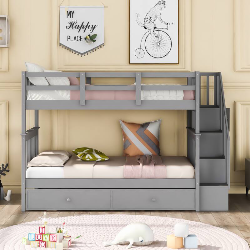 Twin Over Twin Bunk Bed with Trundle, Detachable Wood Triple Bedframe