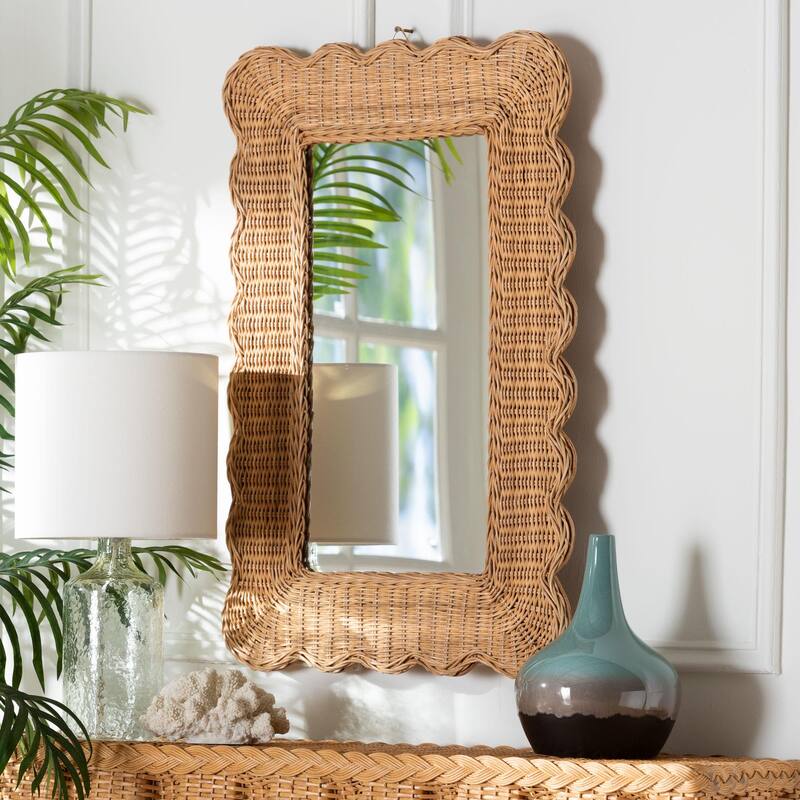 Makoto Scalloped Natural Rattan Wall Mirror - Handwoven Wicker Oval Frame, Boho Coastal Accent Decor for Entryway or Bedroom