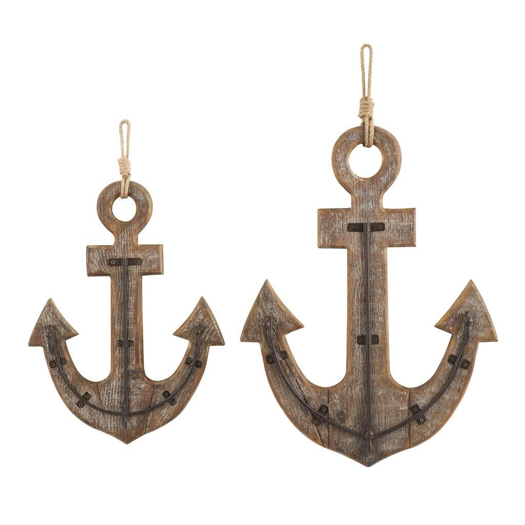 Wood Anchor Whitewashed 4 Hanger Home Wall Hook with Hanging Rope and Bronze Metal accents - Set of 2 Brown - Roche River Decor