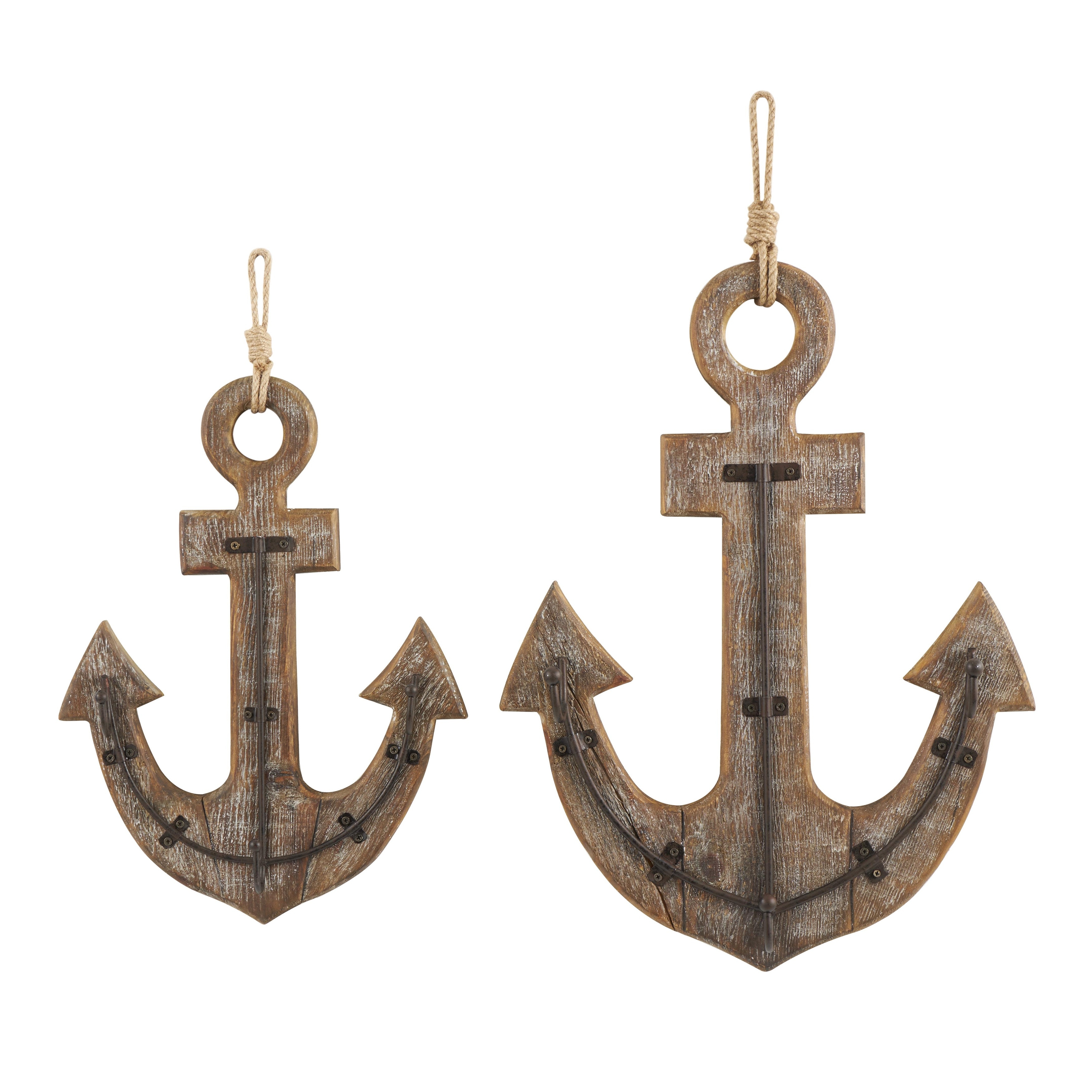 Wood Anchor Whitewashed 4 Hanger Home Wall Hook with Hanging Rope and Bronze Metal accents - Set of 2 Brown - Roche River Decor