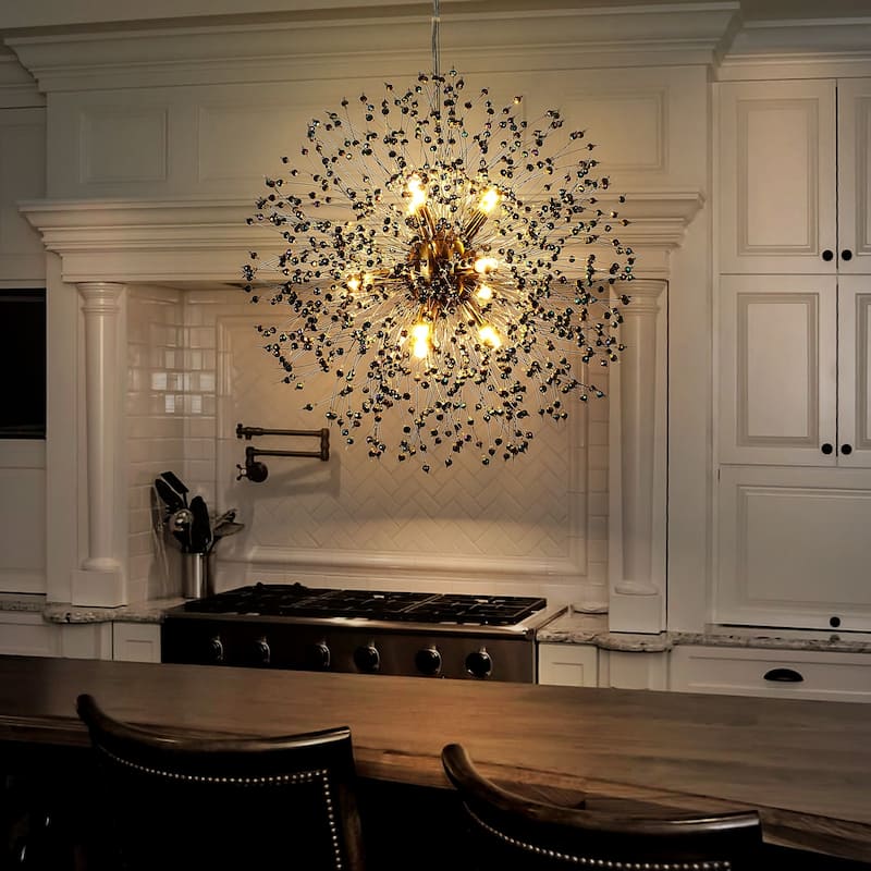 9-Light Modern Glam Sputnik Starburst Globe Pendant Linear Firework Crystal Chandelier for Living Room - Iridescent Crystal - Gold