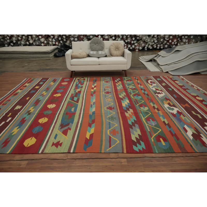 Hand Woven Oriental 100% Wool Carpet Southwestern Tribal Multi-Colored Kilim Area Rug - 13' 2'' X 9' 7''
