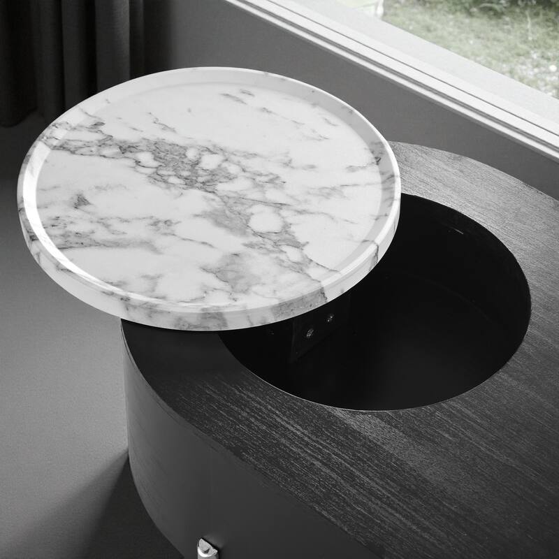 47.2'' Lift-Top Coffee Table with 360掳 Rotating Tray, Hidden Storage & Drawers, Modern Marble-Patterned Oval Center Table