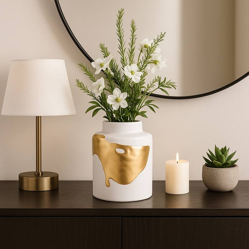 Sagebrook Home Procida White Porcelain Vase with Gold Abstract, Pretty Piece of Decor