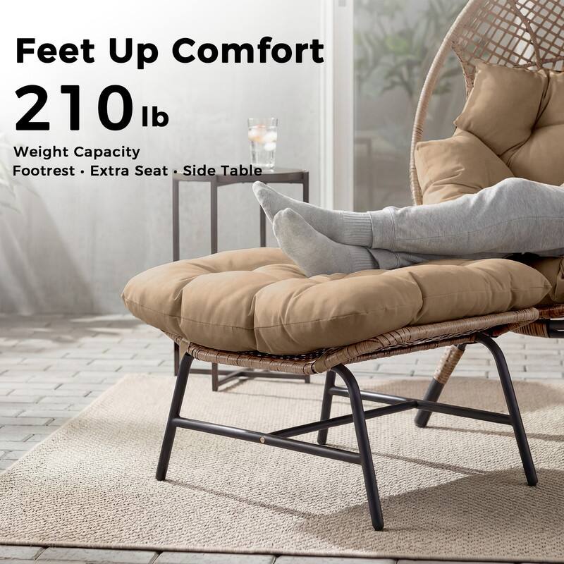 Oversized Wicker Egg Chair with Ottoman and Cushions, Stationary Boho Indoor/Outdoor Lounge Chair