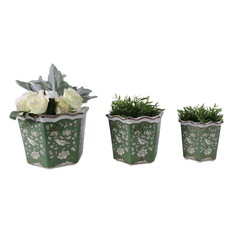 Ceramic Planters Intricate Detailing Durable Handmade (Set of 3) - 12" x 11" x 9"