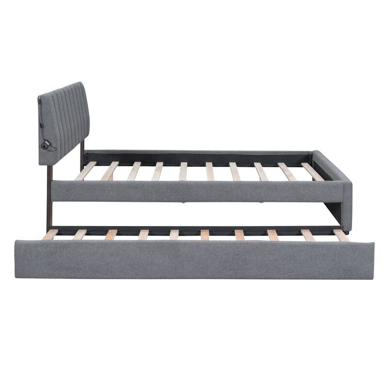 Teddy Fleece Queen Size Upholstered Platform Bed with Twin XL Trundle, Gray