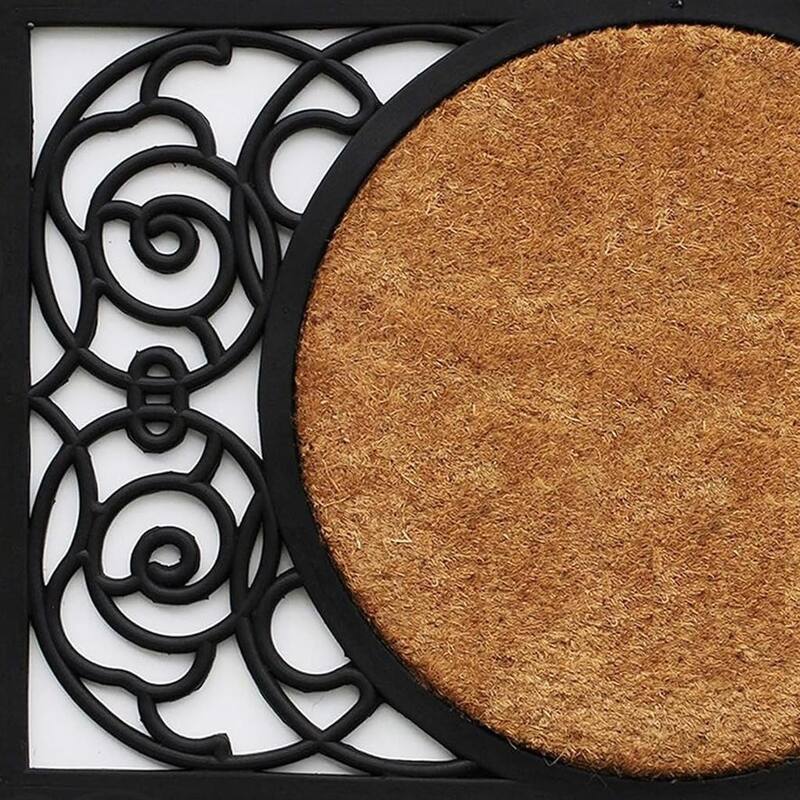 HomeRoots 22" X 36" Black And Natural Geo Scrollwork Outdoor Rubber And Coir Door Mat - 22' X '36