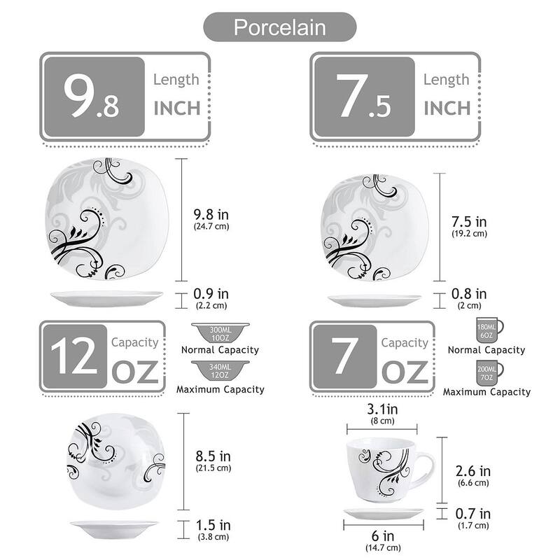 60-Piece Porcelain Tableware Set Decal Patterns, Plate and Bowl Set