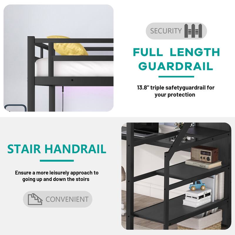 Space-Saving Full Metal Loft Bed with Wardrobe, Storage Stairs, and Desk