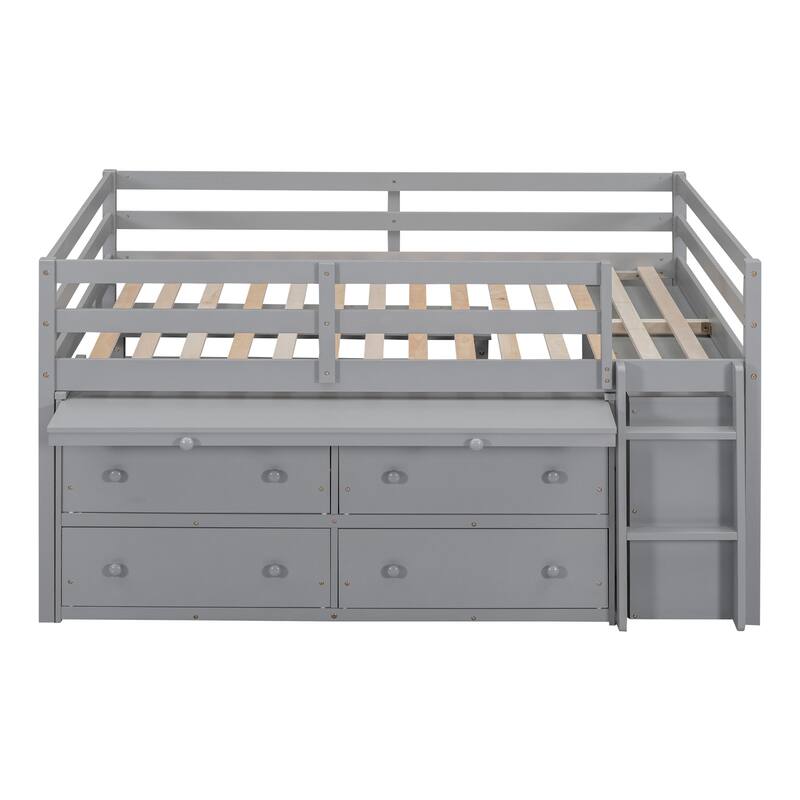 Full Size Loft Bed with Retractable Writing Desk and 4 Drawers