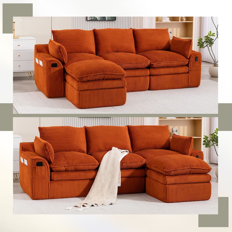 L Shaped Sectional Sofa Corduroy Upholstered Boneless Couches with Movable Footstool, With Three Pillows and Two Lumbar Pillows
