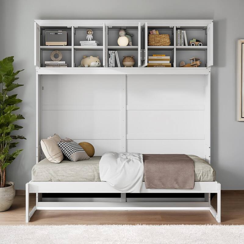 Full Size Murphy Bed Wall Bed with Top Cabinets - White