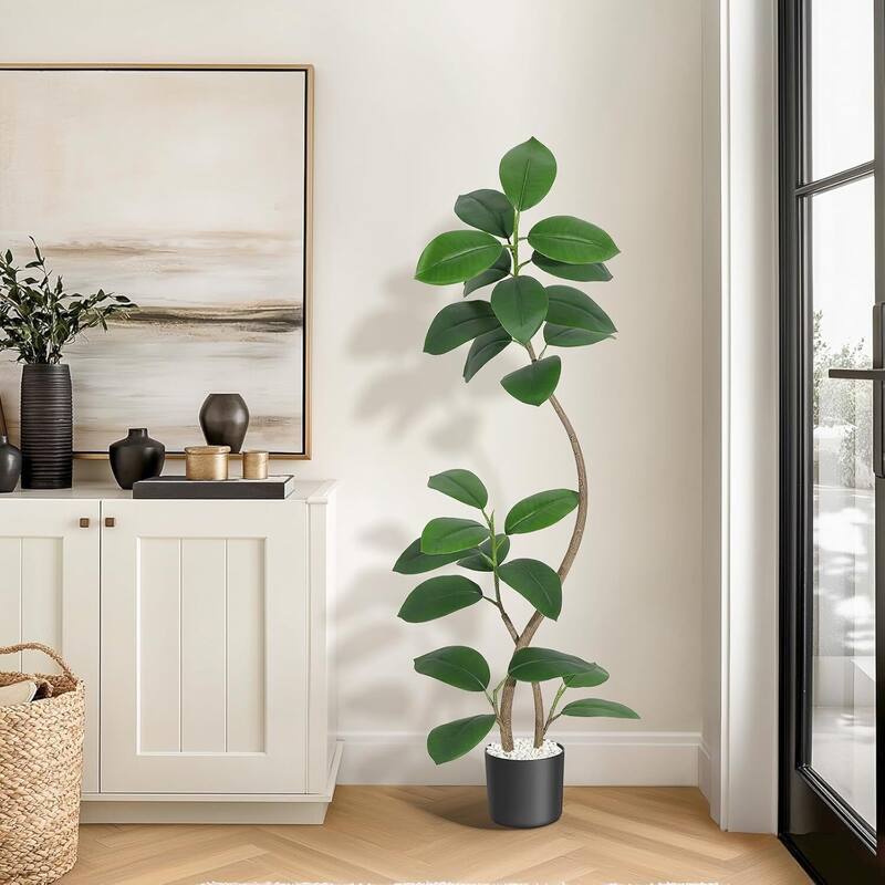 Artificial Plant Faux Fiddle Leaf Fig Tree with Black Sphere Resin Planter