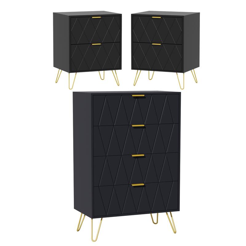 4 Drawer Dresser and 2 Set Nightstand for Bedroom Combo - Black