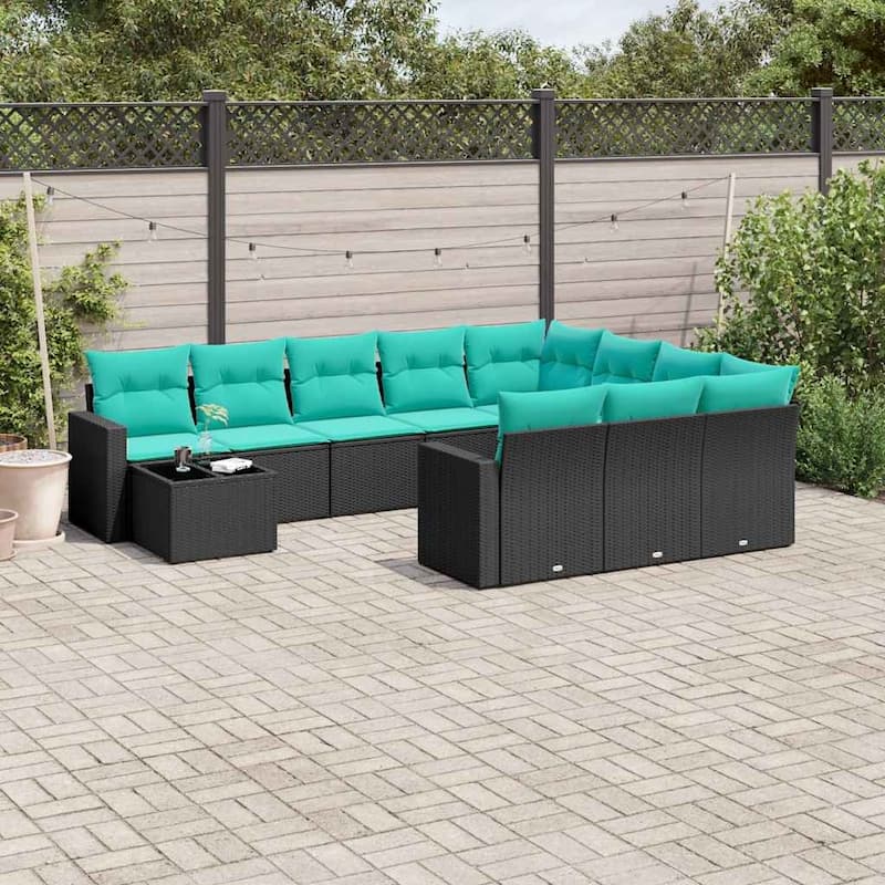 vidaXL Patio Sofa Set with Cushions Outdoor Furniture 11 Piece Poly Rattan - 24.4" x 24.4" x 27.2" - Black and blue