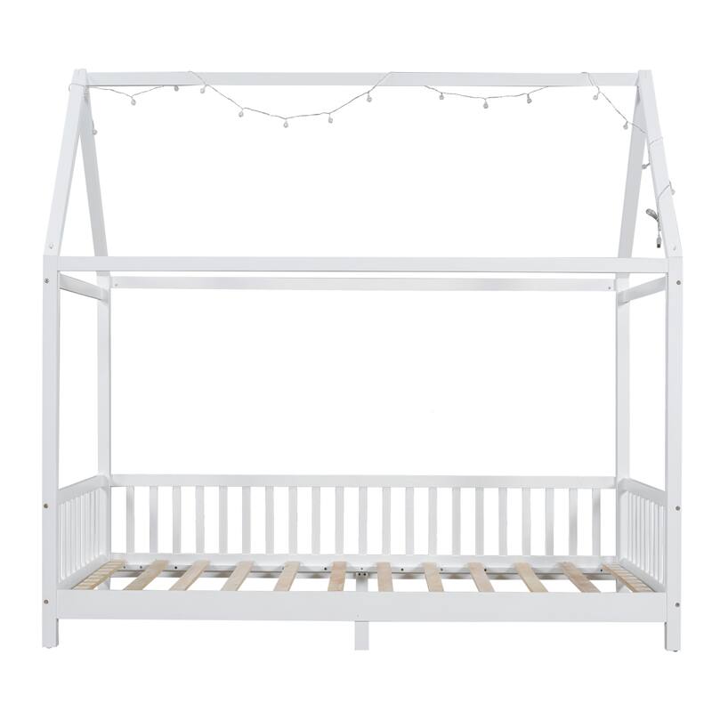 Twin/Full Size Wood House Bed with Guardrail, Cute Kids Platform Bed Frame with LED Lights