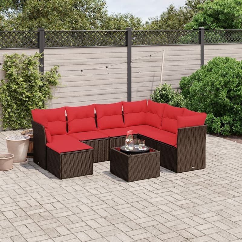 vidaXL Patio Sofa Set with Cushions Outdoor Conversation Furniture Poly Rattan - 24.4" x 24.4" x 27.2" - Brown with table