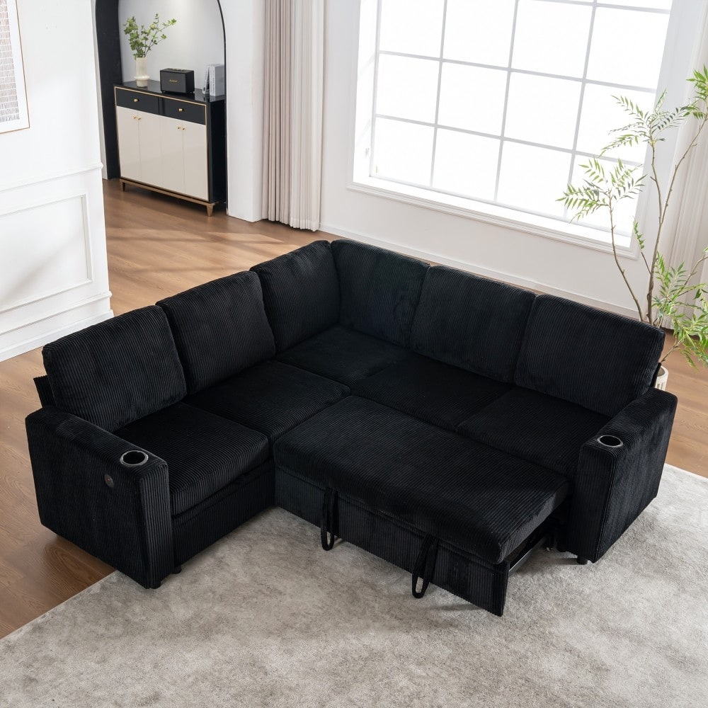 83.66" L-Shaped Sectional Sofa with Storage and Pull Out Bed