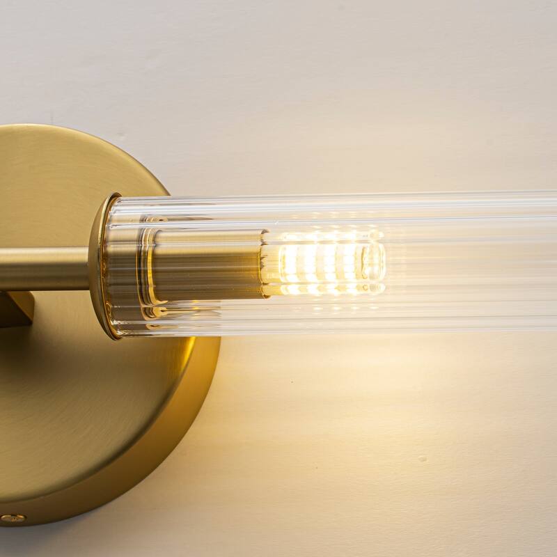 2-Light Mid-Century Modern Brushed Gold/Matte Black Finish Linear Vanity Light with Clear Striped Glass for Bathroom