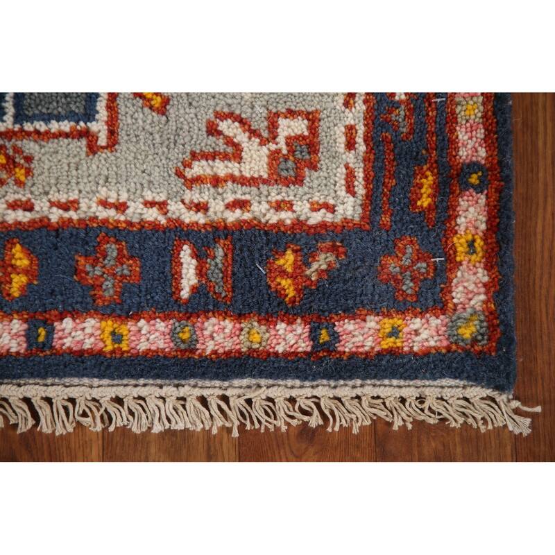 Geometric Green Kazak Indian Runner Rug Hand-knotted Wool Carpet - 2'6"x 9'11"