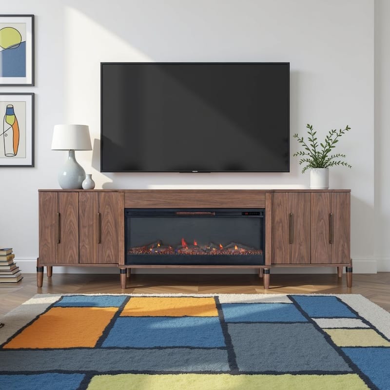 Bridgevine Home Tranquility 94 inch Fireplace TV Stand, for TVs up to 100 inches, Minimal Assembly, Walnut Finish