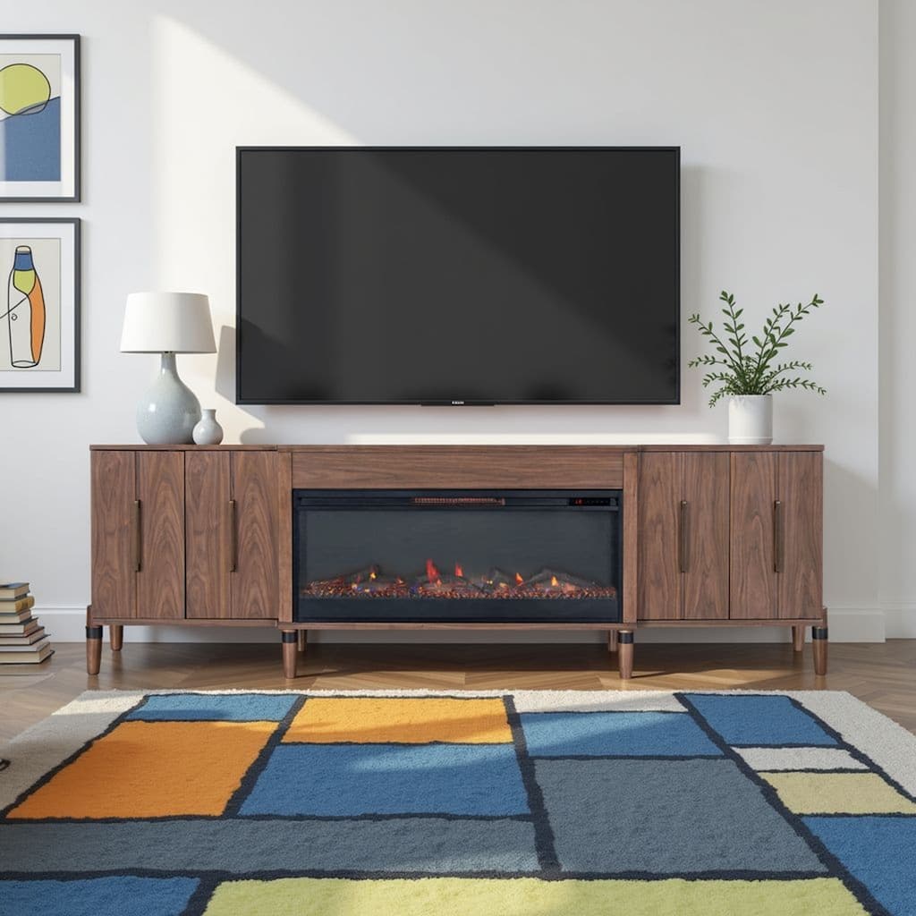 Bridgevine Home Tranquility 94 inch Fireplace TV Stand, for TVs up to 100 inches, Minimal Assembly, Walnut Finish