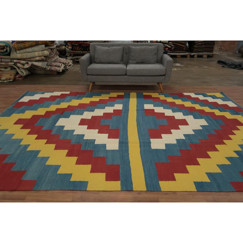 Hand Woven Oriental 100% Wool Carpet Southwestern Modern Navy Blue & Blues Kilim Area Rug - 11' 10'' X 8' 11''