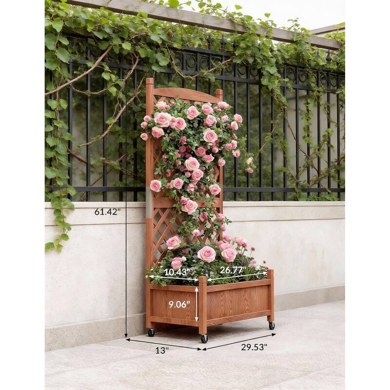 Wooden Planter Box, with Trellis, Locking Wheels and Drainage Holes
