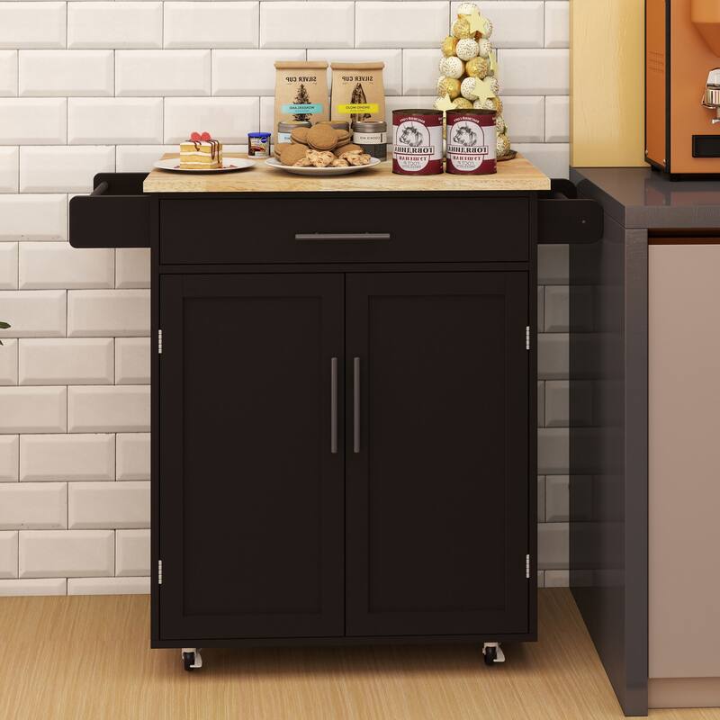 Mobile Kitchen Cart with Rubber Wood Tabletop, Adjustable Storage, and Towel & Seasoning Racks - Black