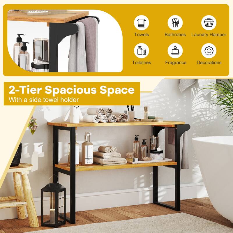 Gymax 2-Tier Bathroom Shelf w/Towel Rack Solid Teak Wood Freestanding