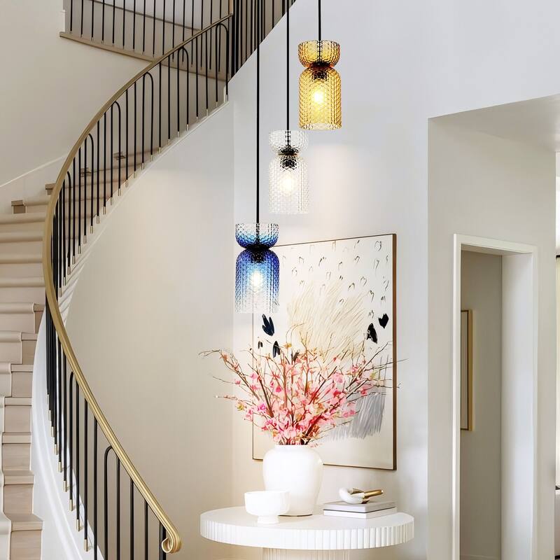 1/3-Light Modern Glam Bell-Shaped Adjustable Island Pendant Light with Clear/Blue/Amber Textured Glass