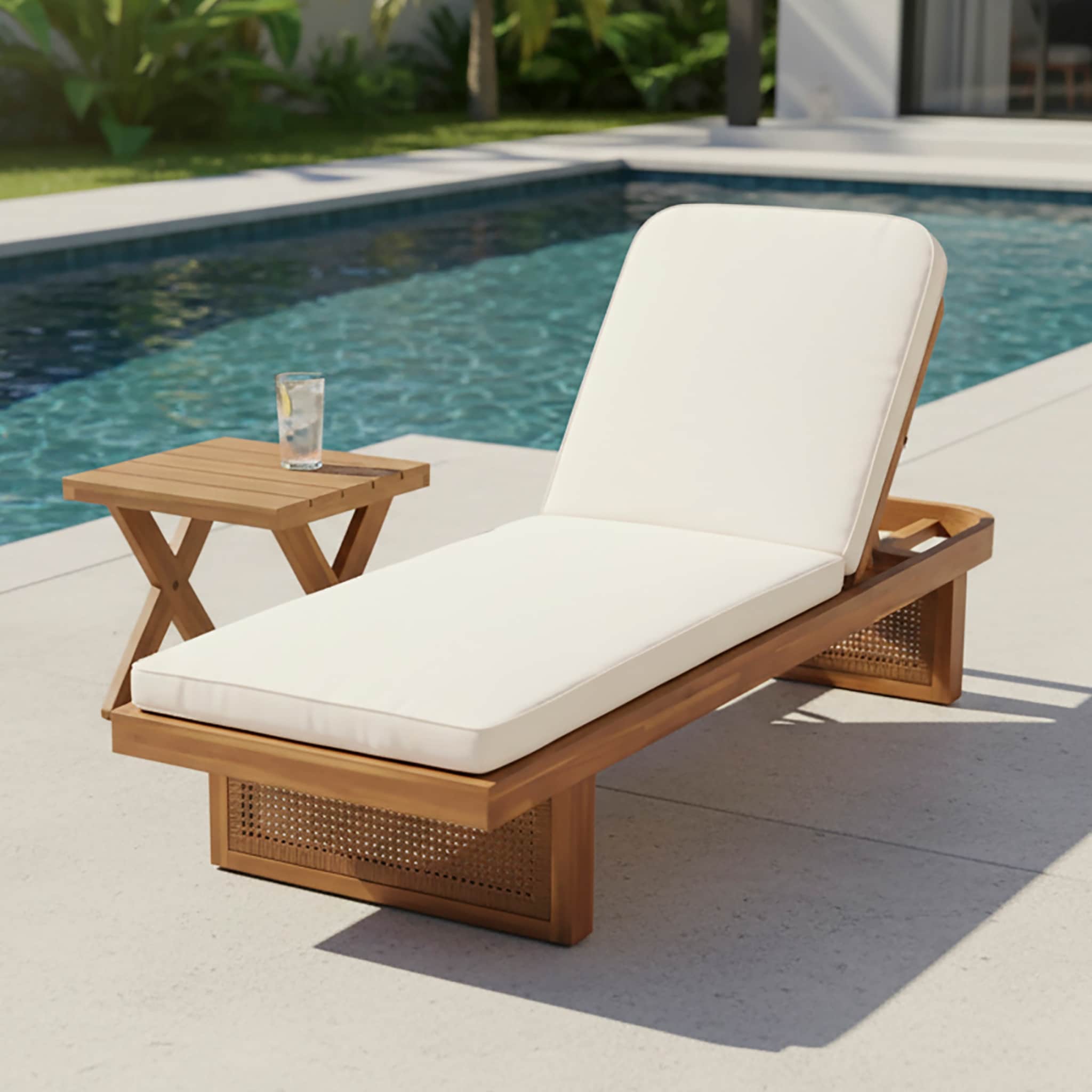 Christopher Knight Home - Modern Outdoor Wooden Lounge Chair with PE Rattan and White Cushion with Side Table