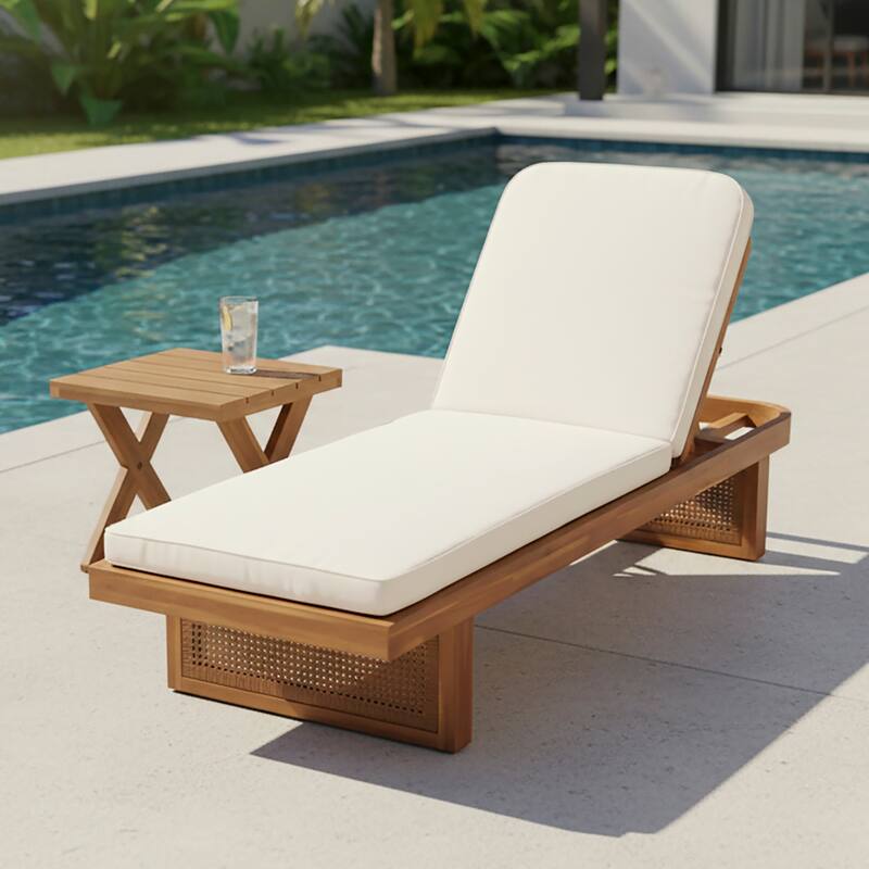 Christopher Knight Home - Modern Outdoor Wooden Lounge Chair with PE Rattan and White Cushion with Side Table - Teak Cross Legs Table - 1 chaise lounge