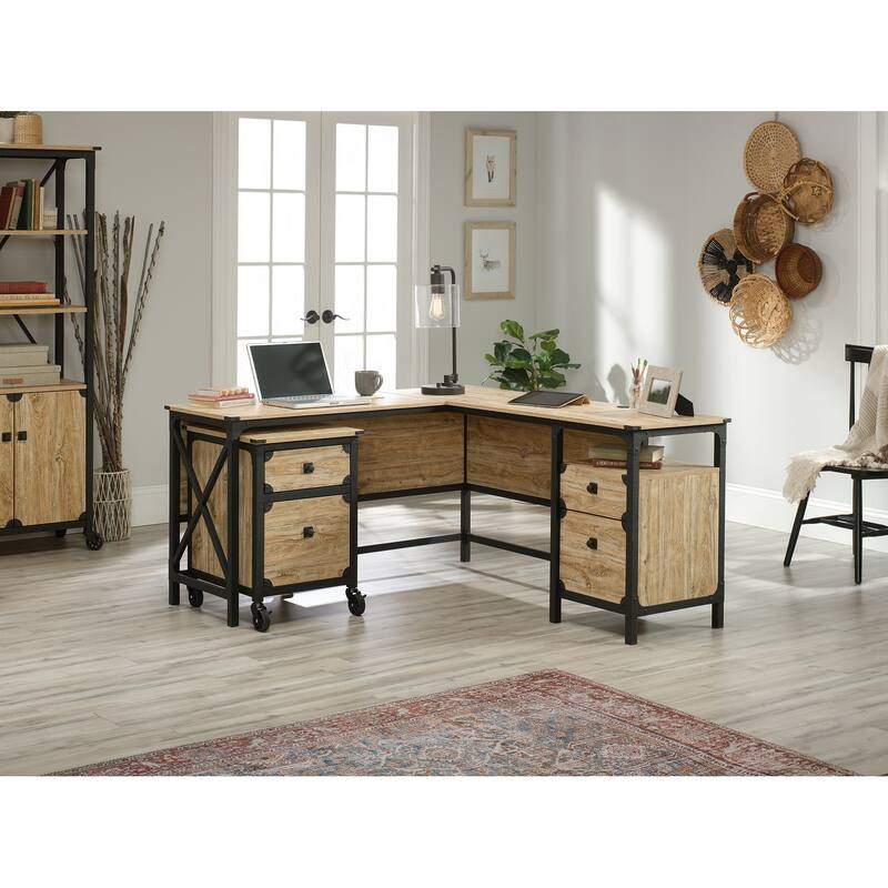 Industrial Style L-Shaped Desk with File Drawer 60 Inch Brown Office Gaming Workstation