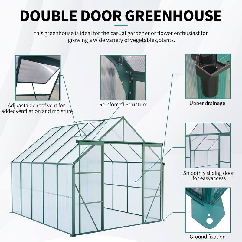 GDF Studio - Culatra Outdoor Aluminum Polycarbonate Greenhouse with Double Sliding Doors and Raised Base