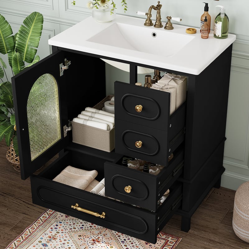 Roomfitters 30 Inch Bathroom Vanity with Sink, Solid Wood Cabinet with 3 Drawers and Semi-Transparent Door