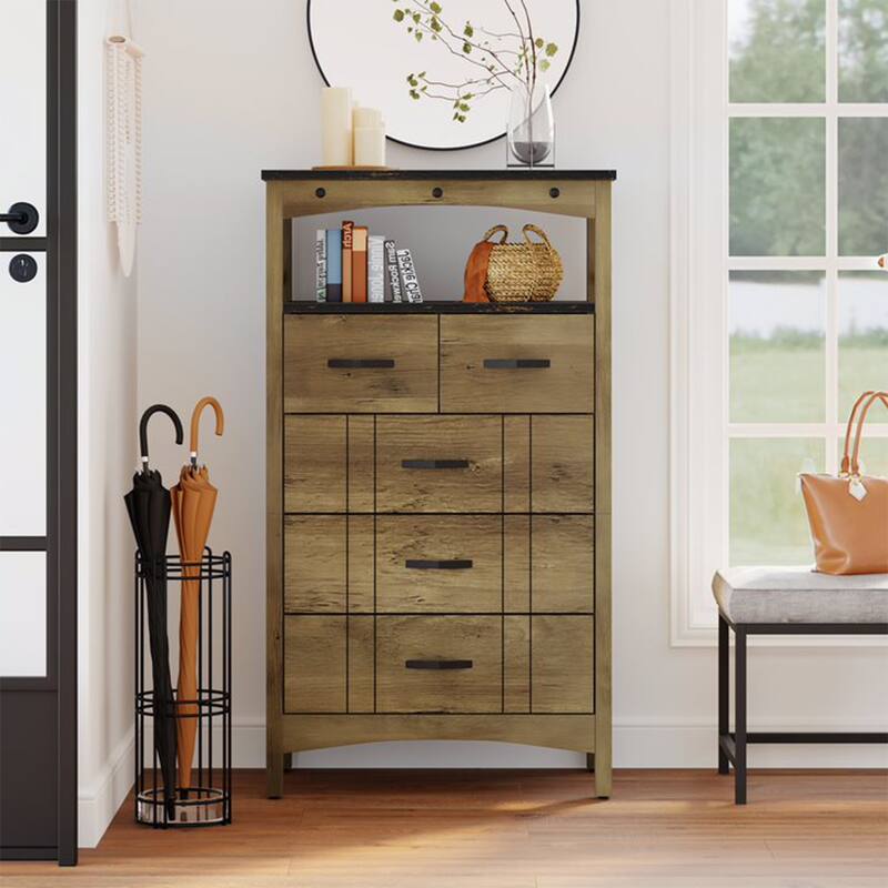Bestier Hallway & Living Room Storage Cabinet w/ 2 Shelves and 5 Drawers, Brown - 83