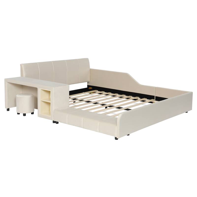 Roomfitters Full/Queen Size Upholstered Grounded Platform Bed with Bedside Desk and Round Stool, Velvet Fabric Bed Frame