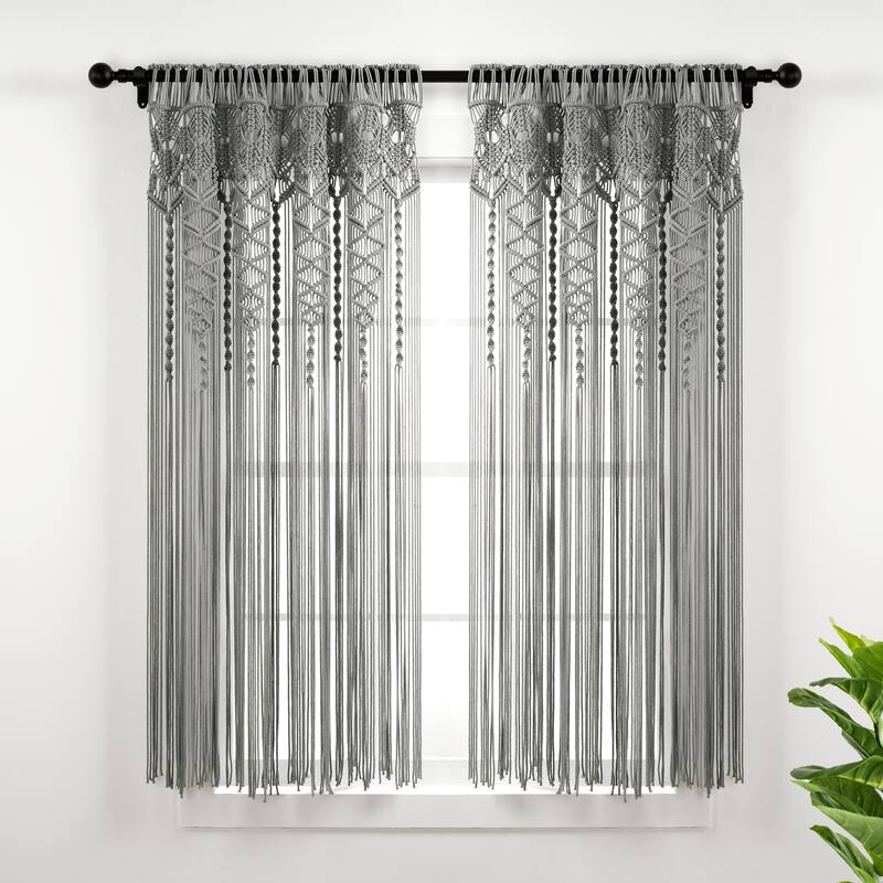 Lush Decor Boho Macrame Textured Cotton Window Curtain/Room Divider/Doorway/Wall Decor - Gray - 63 Inches