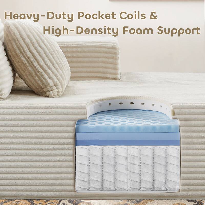 Meyreso No Assembly Required Long Plush L-Shaped Sectional Sofa with Round Nesting Coffee Tables