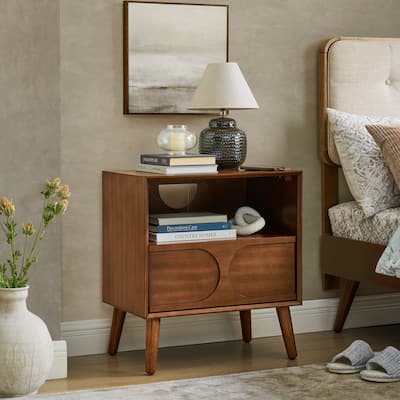 Mid Century Modern Walnut Nightstand with USB Ports, Outlet Hole, Drawer & Open Shelf, Fluted Design, MDF Frame