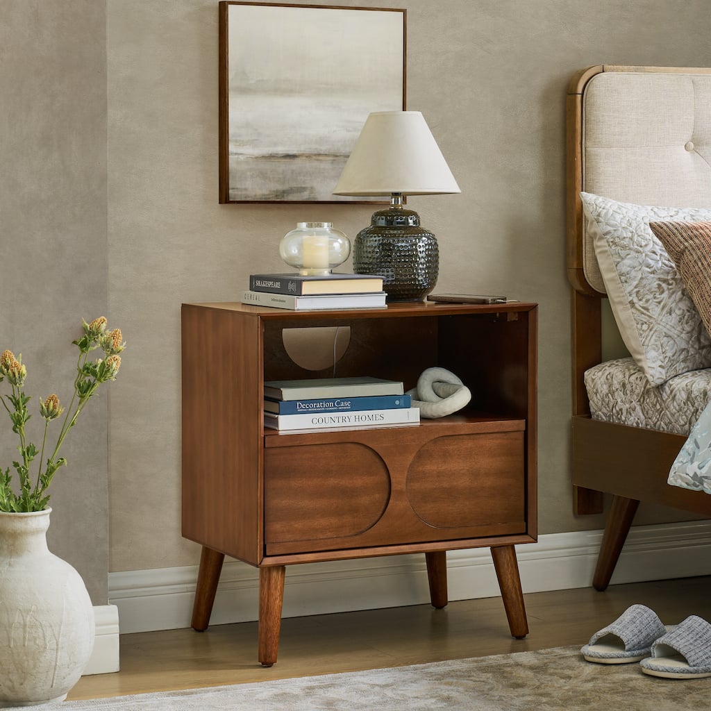 Roomfitters Mid Century Nightstand, Charging Station, Bedside Table, MDF, USB Ports, Storage, Walnut Brown