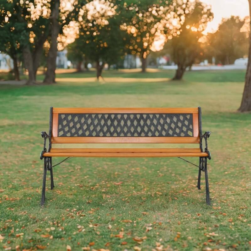 49" Patio Porch Chair Deck Hardwood Cast Iron Garden Bench