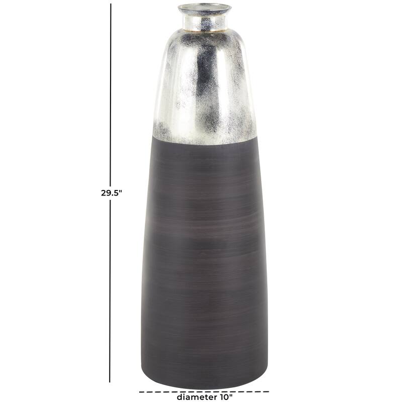 Black Glass Tall Brushed Two-Toned Floor Decorative Vase with Textured Silver Top
