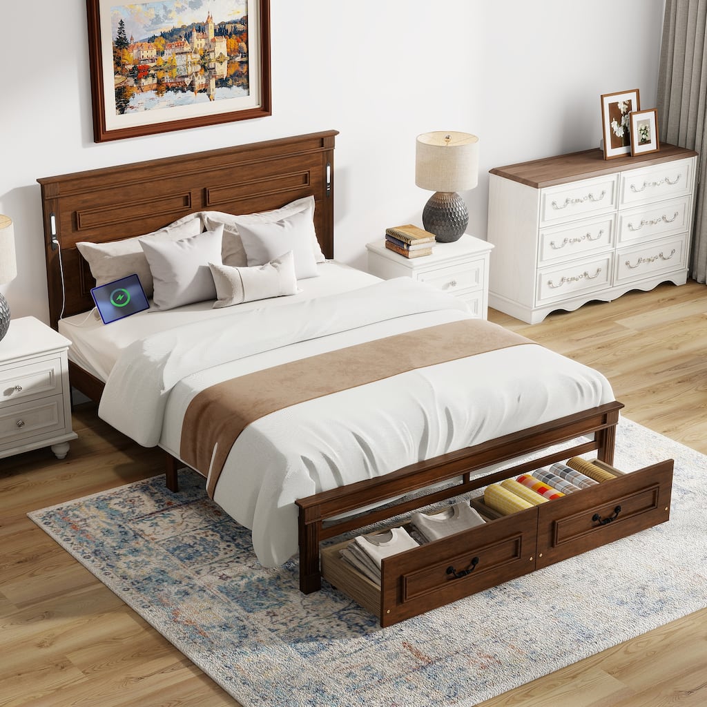 Walnut Queen Size Platform Bed with Headboard & Footboard for Bedroom