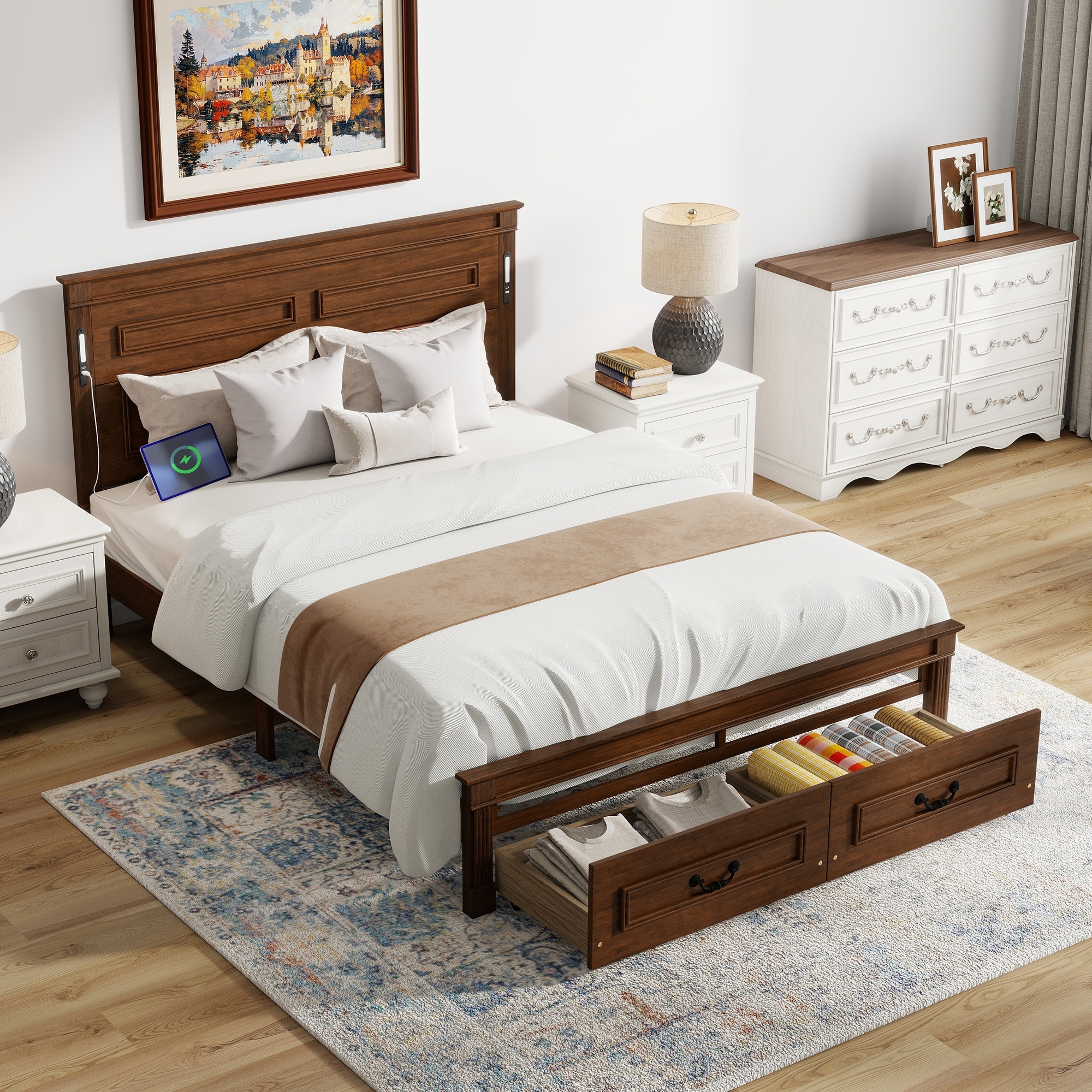 Walnut Queen Size Platform Bed with Headboard & Footboard for Bedroom